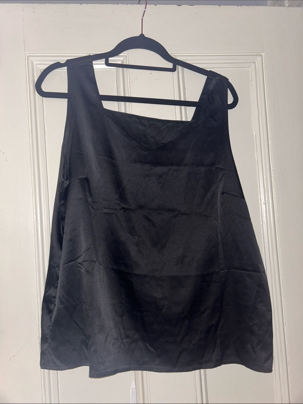 Black Satin Sleeveless V-Neck Women's Top
